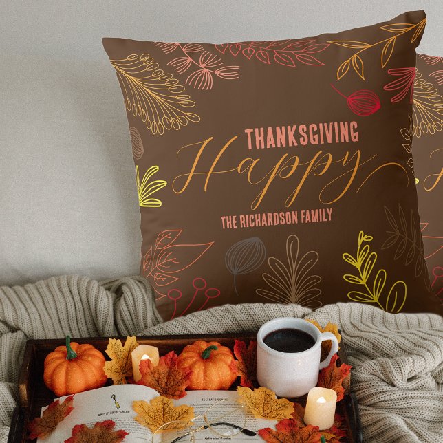 Coussin Boho Brun Automne Feuillage Thanksgiving Nom de Fa (Créateur téléchargé)