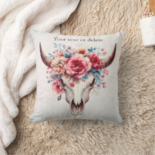 Coussin Boho Chic Aquarelle Florale Vache Crâne