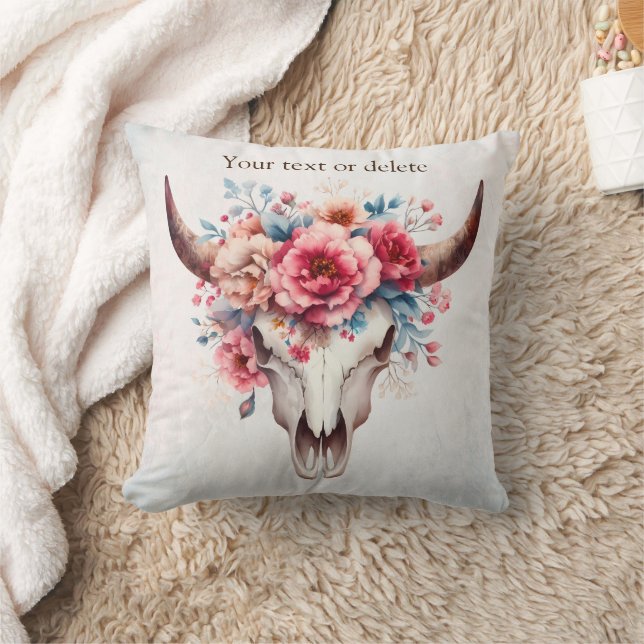 Coussin Boho Chic Aquarelle Florale Vache Crâne (Couverture)