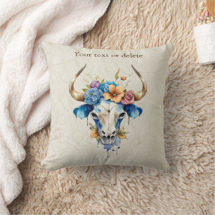 Coussin Boho Chic Aquarelle Florale Vache Crâne