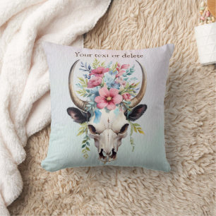 Coussin Boho Chic Aquarelle Florale Vache Crâne