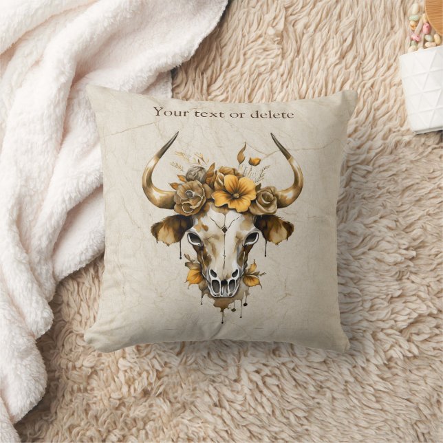Coussin Boho Chic Aquarelle Florale Vache Crâne (Couverture)