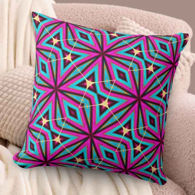 Coussin Boho Chic Magenta et Cool à motifs turquoise (A chic pillow in vibrant magenta, turquoise and faux gold colors, with geometric abstract design)