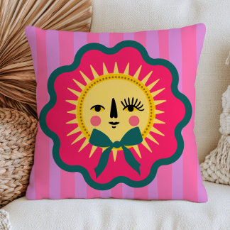 Coussin Boho Chic Visage de Soleil Rayé Coloré Maximaliste