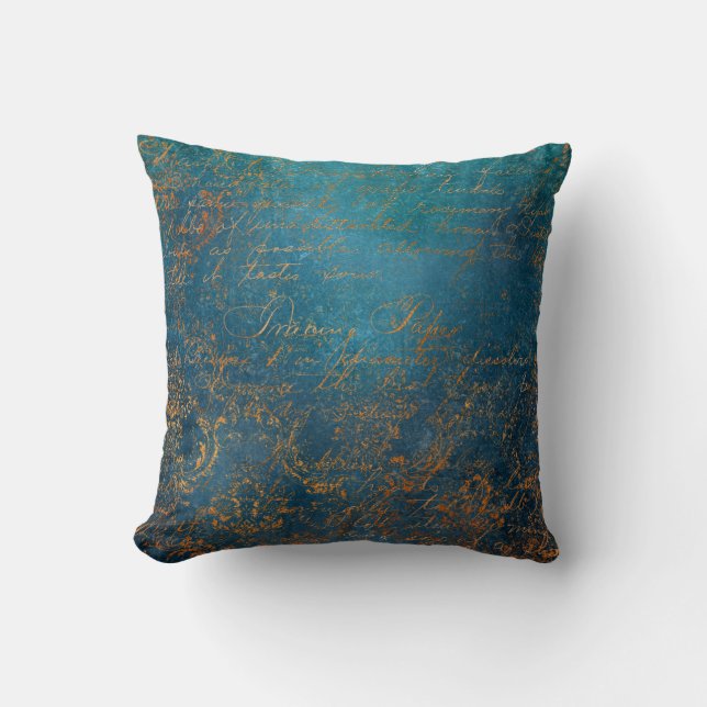 Coussin Boho Copper Blue Script Grunge (Recto)