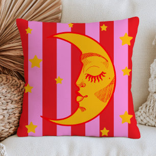 Coussin BOHO Croissant de Lune Visage Rouge & Rayures Rose