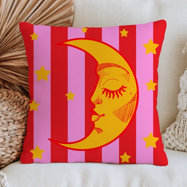 Coussin BOHO Croissant de Lune Visage Rouge & Rayures Rose (Créateur téléchargé)