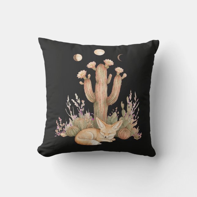 Coussin Boho Désert Fennec Fox Endormi Sous Cactus Saguaro (Recto)