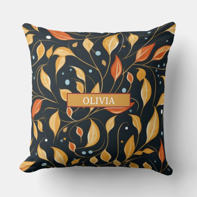 Coussin Boho Fall Flowers Black Orange avec nom (Recto)
