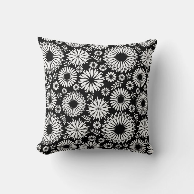 Coussin Boho fleurs Motif floral vectoriel noir et blanc (Recto)