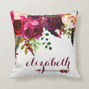 Coussin Boho floral avec votre nom et flèche
