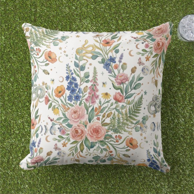 Coussin Boho Floral Celestial Moon  & Snakes Botanical (Herbe)
