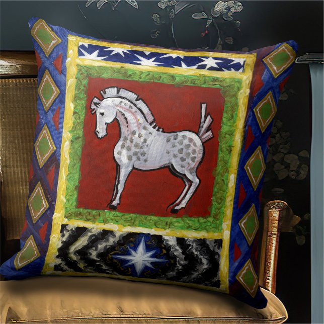 Coussin Boho Folk Art Russian Horse Cottage (Créateur téléchargé)
