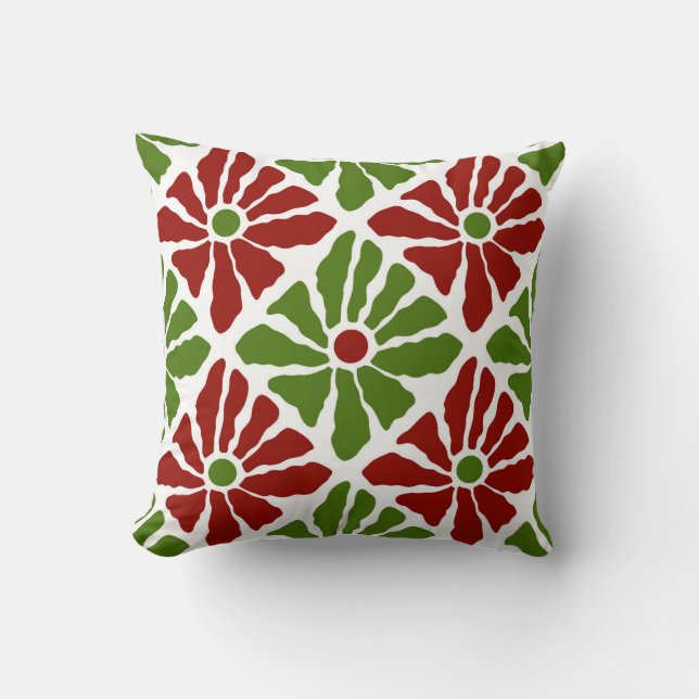 Coussin Boho funky Noël Poinsettia Fleurs Rouge Vert (Recto)