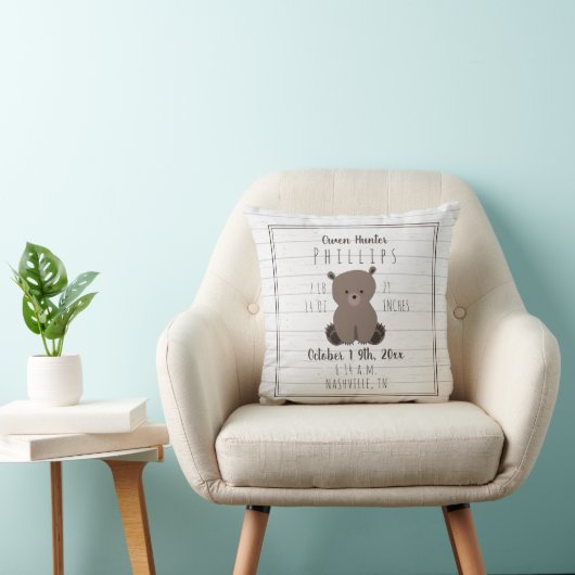 Coussin Boho Gray Wood Bear Cub Baby Boy Biry Stats (Chaise)