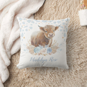 Coussin Boho Highland Cow Blue Gold Floral Baby Boy