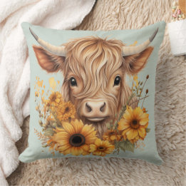 Coussin Boho Highland Cow Sunflowers Sage Green