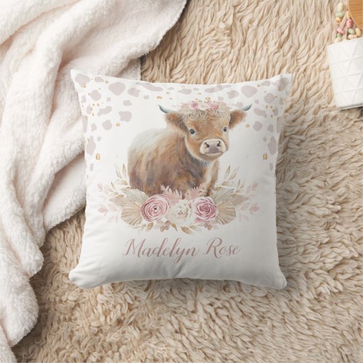 Coussin Boho Highland Vache rose Or Floral Baby Girl (Couverture)