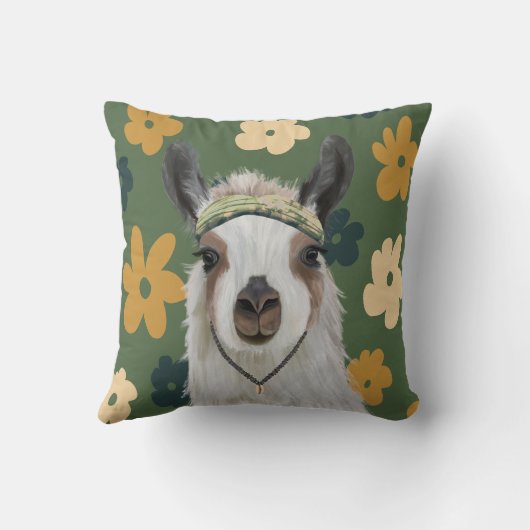 Coussin Boho Llama Green Retro Fleurs (Verso)