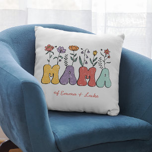 Coussin Boho Mama Texte avec Fleurs et Noms d'Enfants