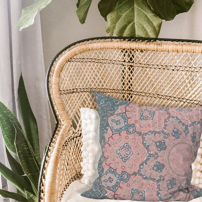 Coussin BOHO Marocain Arabesque bleu rose Vintage Ephemera (Créateur téléchargé)