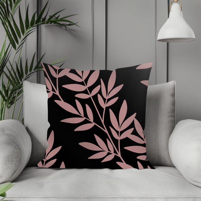 Coussin Boho moderne Elegant Mauve Motif feuille noir (Créateur téléchargé)