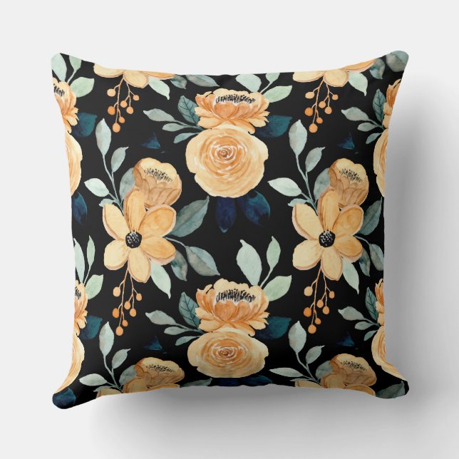 Coussin Boho moderne floral arrière - plan botanique noir (Verso)