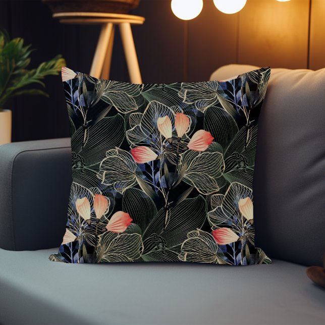 Coussin Boho moderne foncé élégant Floral Noir (Créateur téléchargé)