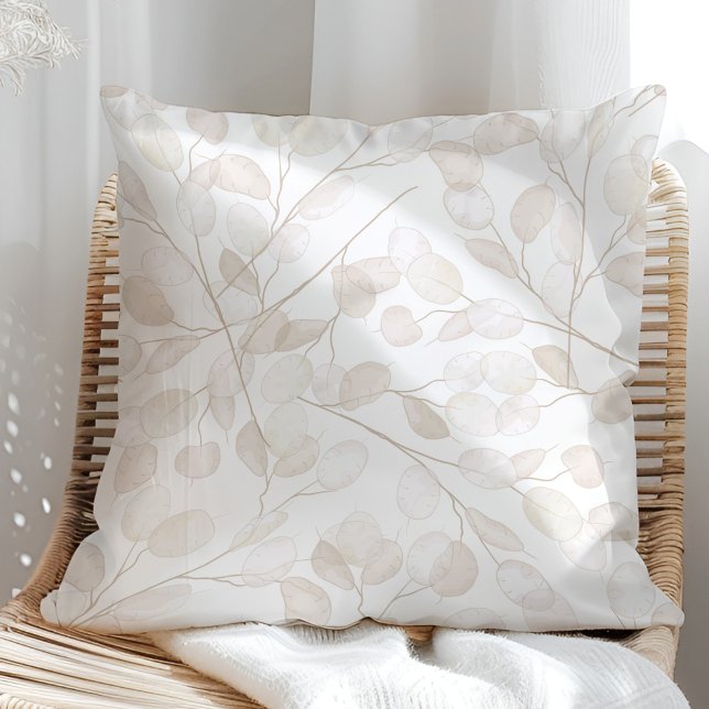 Coussin Boho Neutre Sec Lunaria Lune Violet (Boho Neutral Dry Lunaria Moon Violet Throw Pillow in a sunny rattan armchair)