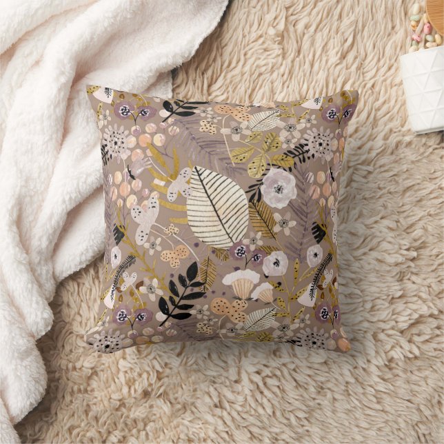 Coussin Boho noir blanc or pêche dessin de feuille fleur (Couverture)