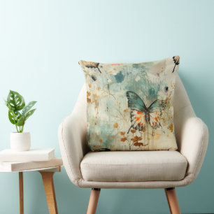 Coussin Boho Orange Teal Papillon Fleur Sauvage Peint