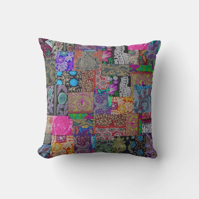 Coussin Boho Patchwork, anciens swatts sari (Recto)