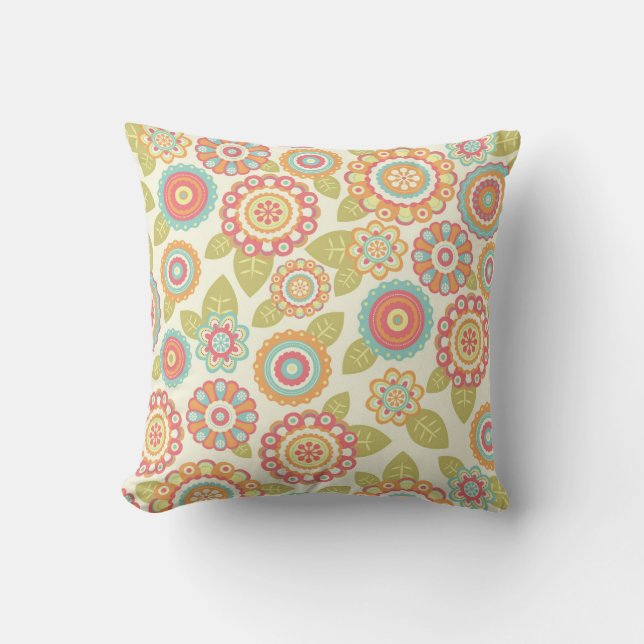 Coussin Boho Retro Fleurs funky Motif Floral (Crème) (Recto)