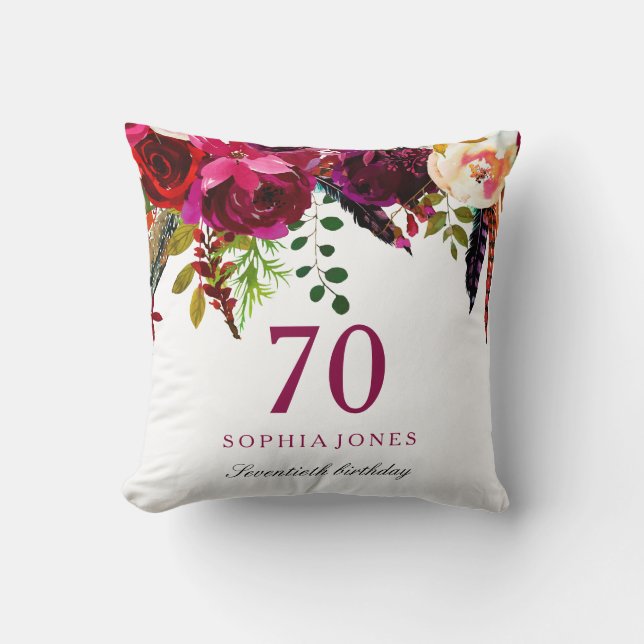 Coussin Boho rose et bordeaux Floral 70e anniversaire Cade (Recto)