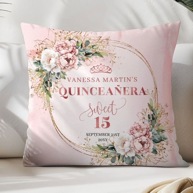 Coussin Boho Rose Gold Flowers Greenery Perfect Gift 15th (Rose Gold Flowers Greenery Perfect Gift 15th Pillow)