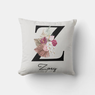 Coussin Boho rose monogramme Floral Z initial