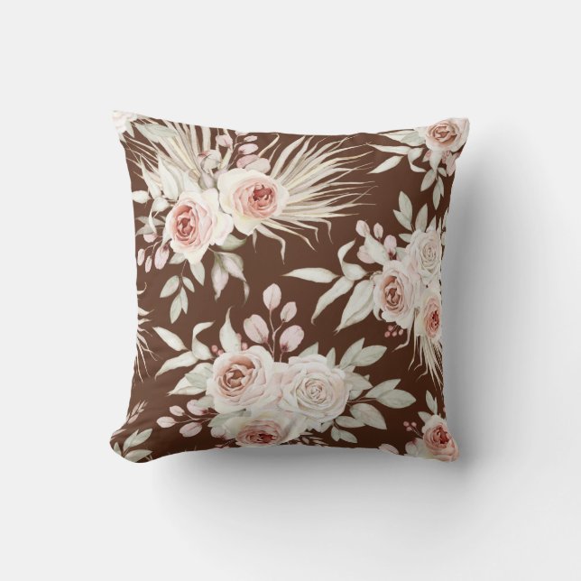 Coussin Boho Rose Roses Motif sur Rich Brown (Recto)