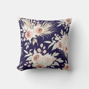 Coussin Boho rose roses sur bleu marine