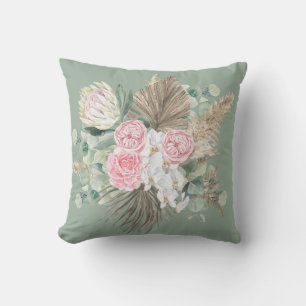 Coussin Boho rustique À feuillage persistant rose floral P