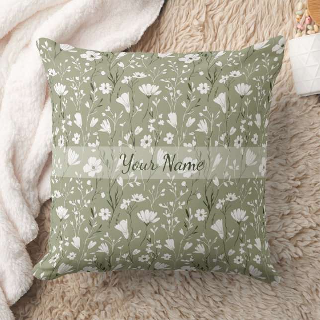 Coussin Boho Sage Green Floral Wildflowers Personalized (Couverture)