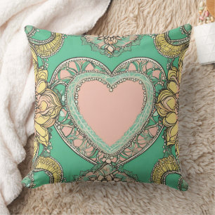 Coussin Boho sarcelle & jaune cœur mandala floral art IA