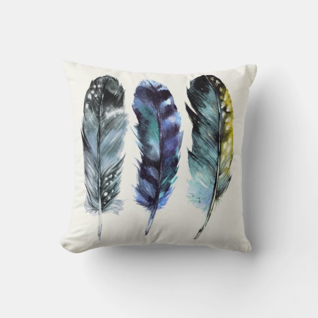 Coussin Boho Style Aquarelle Oiseaux Plumes (Recto)