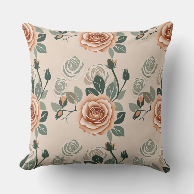 Coussin Boho Style Roses In Pastel Orange And Sage Green  (Recto)