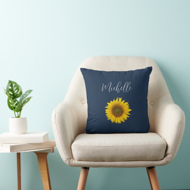 Coussin Boho Sunflower Navy Bleu Élégant Floral (Chaise)