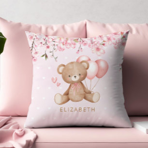 Coussin Boho Teddy Ours Aquarelle Fleurs Personnalisées