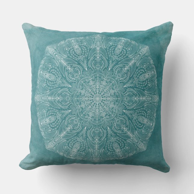 Coussin Boho Turquoise Aquarelle de Mandala (Recto)
