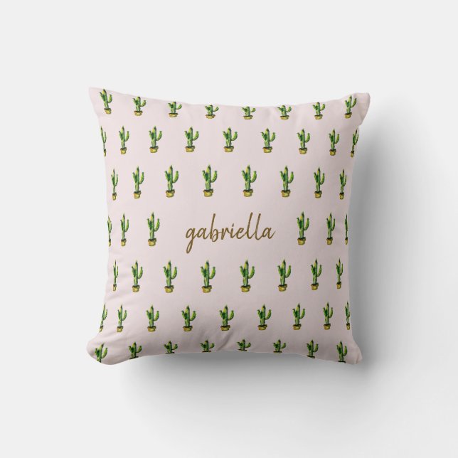 Coussin Boho Watercolor Cactus avec nom Blush (Recto)