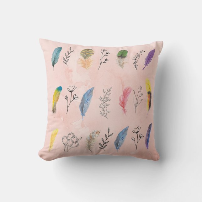 Coussin Boho Watercolor Feathers with Floral Line Drawings (Recto)