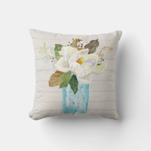 Coussin Bois blanc rustique Magnolia Floral Vase de Verre 