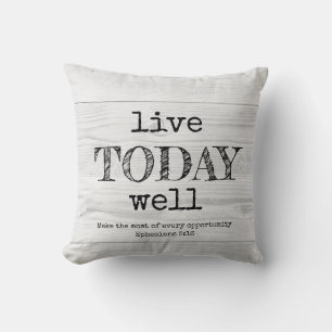 Coussin Bois blanc rustique VIVENT AUJOURD'HUI BIEN chréti